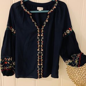 VELVET BY GRAHAM SPENCER NAVY PEASANT TOP S